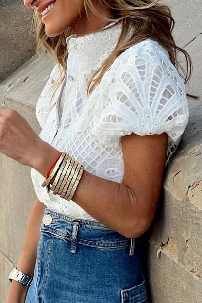 Casual Solid Lace Hollowed Out Turndown Collar Tops