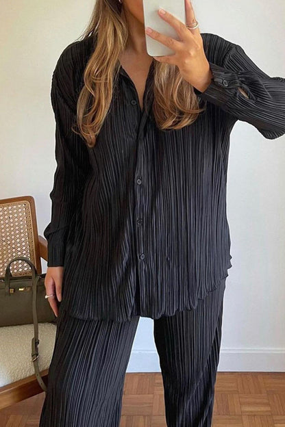Casual Solid Buttons Fold Turndown Collar Long Sleeve Two Pieces
