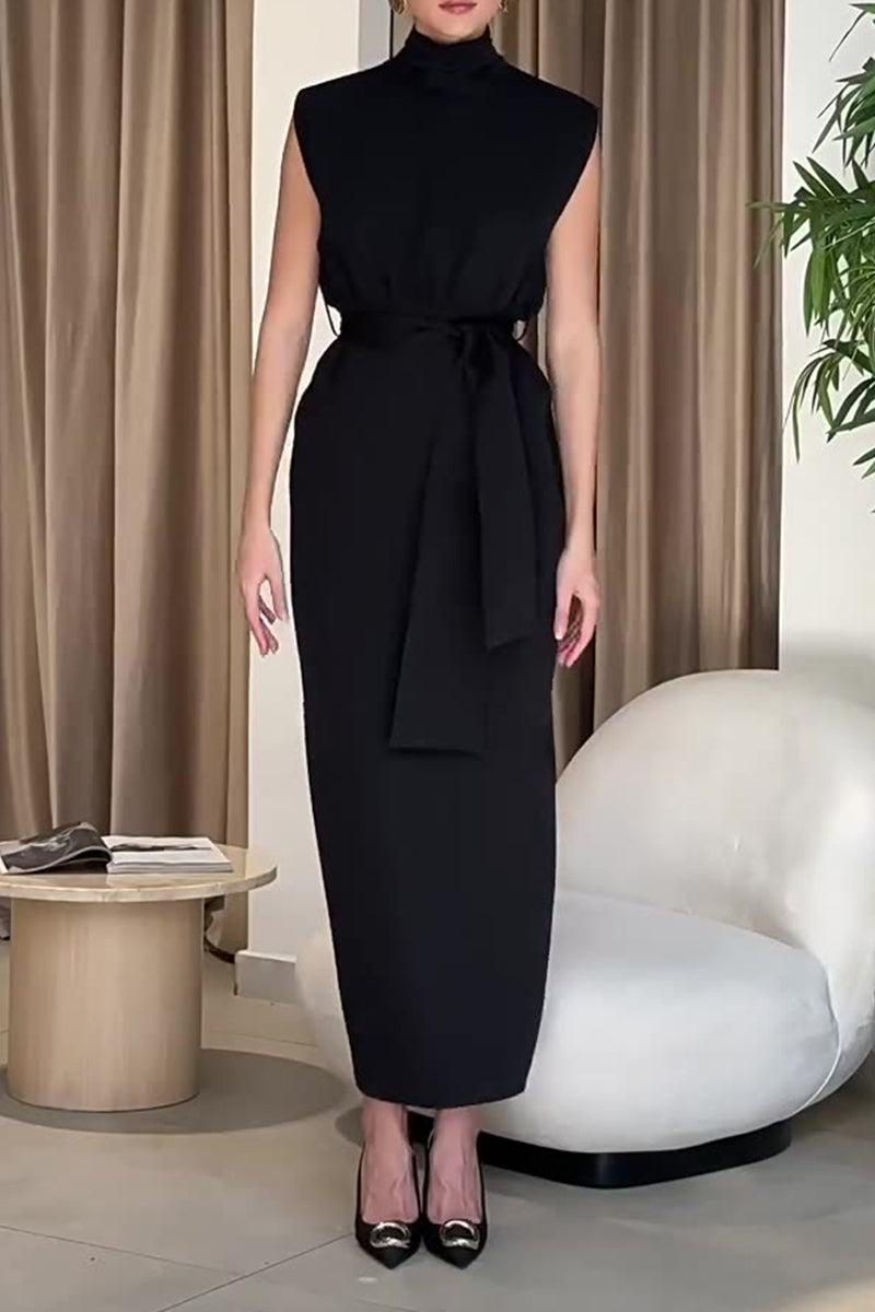 Elegant Solid Slit With Belt Half A Turtleneck One Step Skirt Dresses