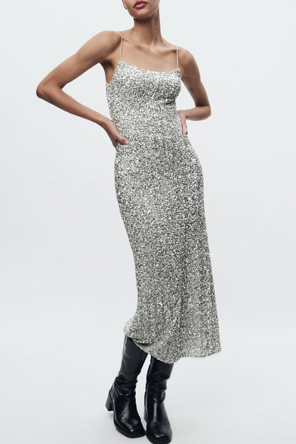 Sexy Solid Sequins U Neck Wrapped Skirt Dresses