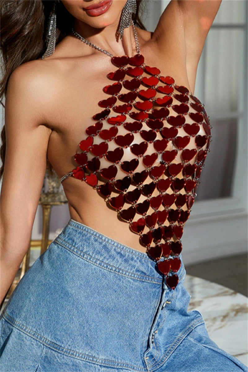 Sexy Heart Shaped Patchwork Chains Backless Halter Tops