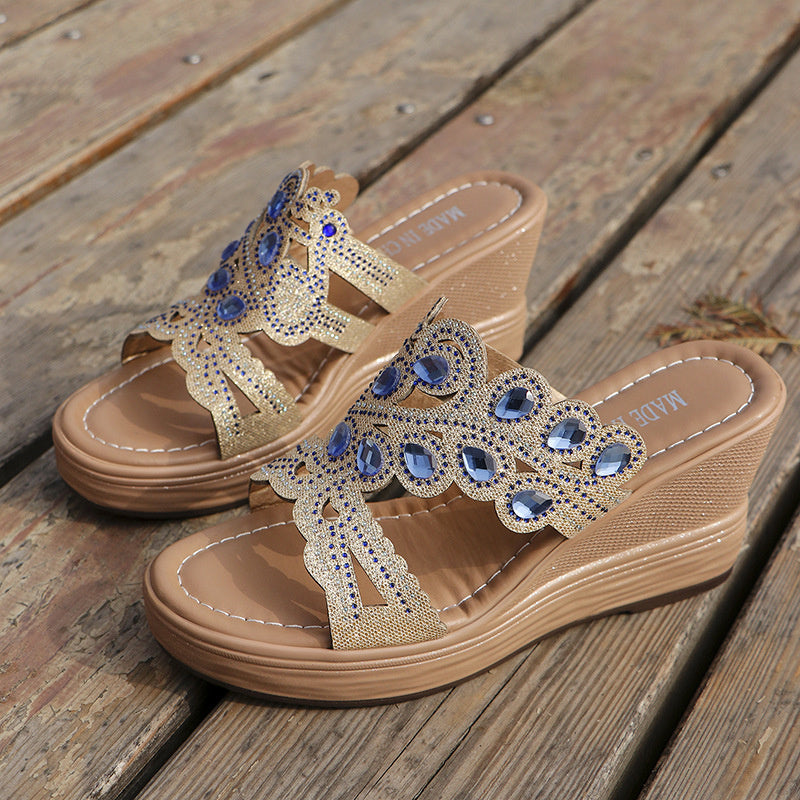 Casual Hollowed Out Patchwork Rhinestone Fish Mouth Out Door Wedges Shoes (Heel Height 3.15in)