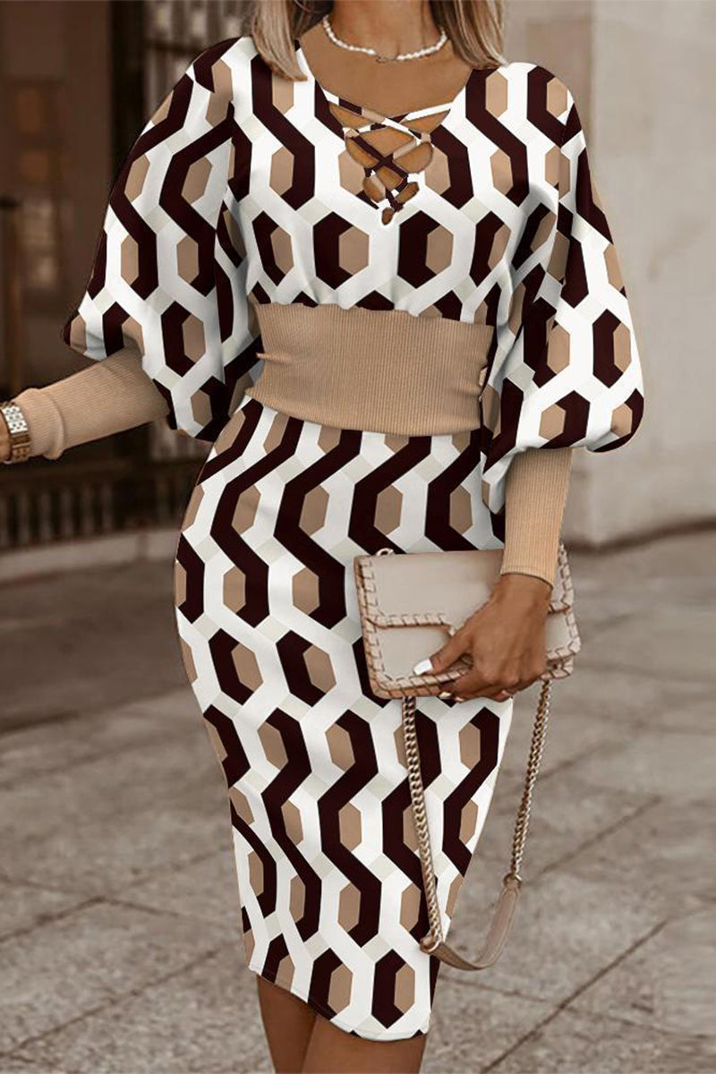Vintage Elegant Geometric Print Contrast V Neck Wrapped Skirt Dresses