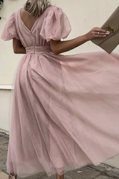 Elegant Solid Lace Mesh V Neck Evening Dress Dresses