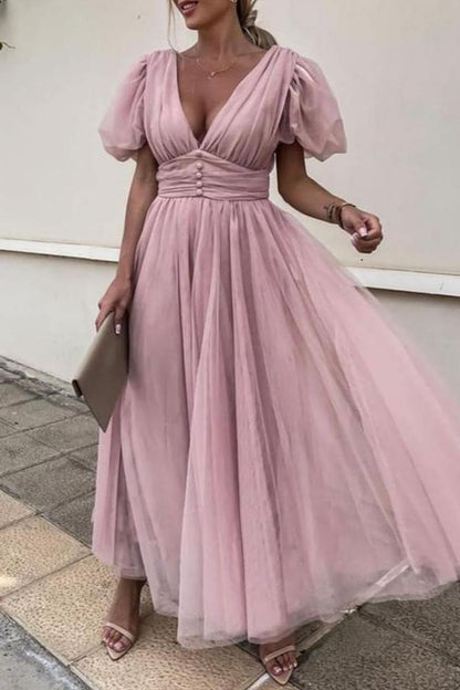 Elegant Solid Lace Mesh V Neck Evening Dress Dresses