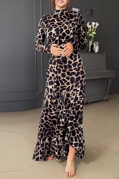 Vintage Print Leopard Stringy Selvedge Half A Turtleneck Printed Dress Dresses
