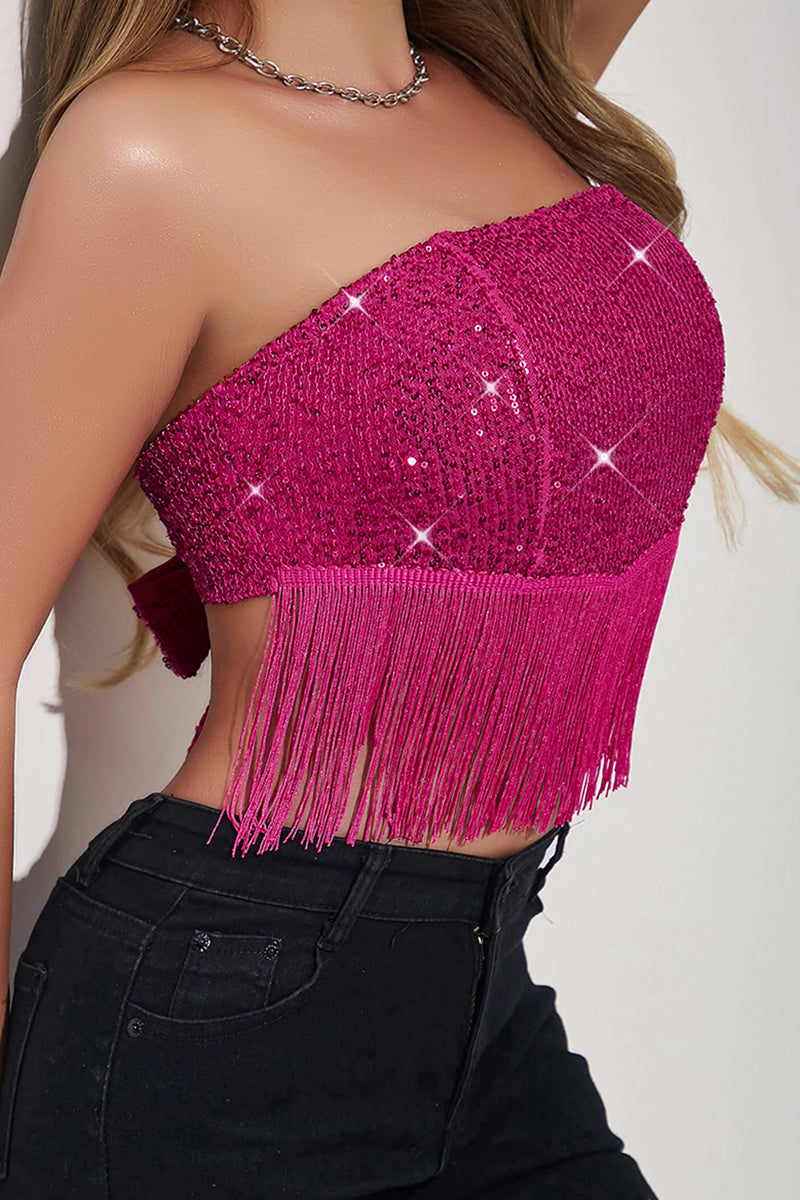 Sexy Solid Tassel Sequins With Bow Strapless Tops