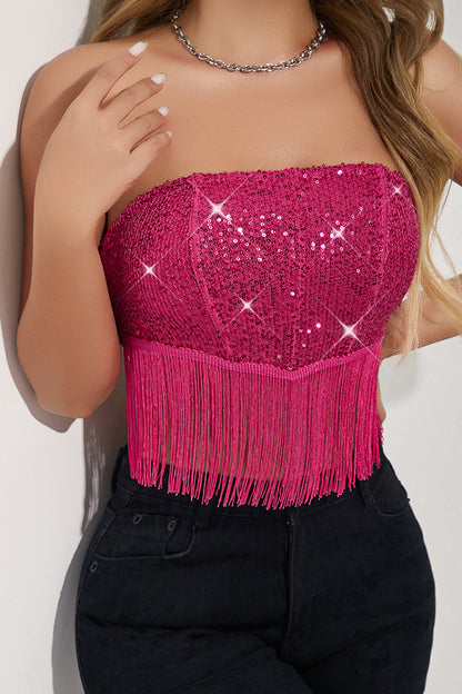 Sexy Solid Tassel Sequins With Bow Strapless Tops