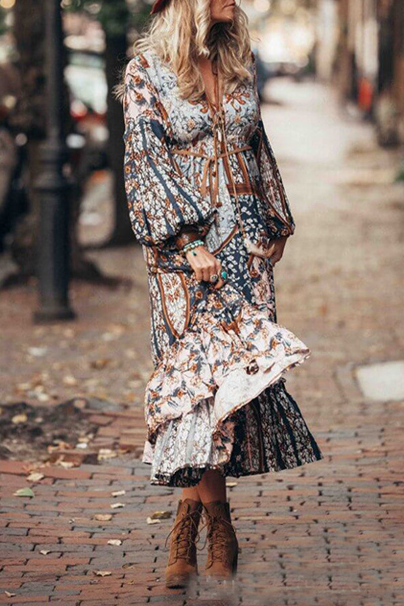 Bohemian Vintage Floral Frenulum V Neck Printed Dress Dresses