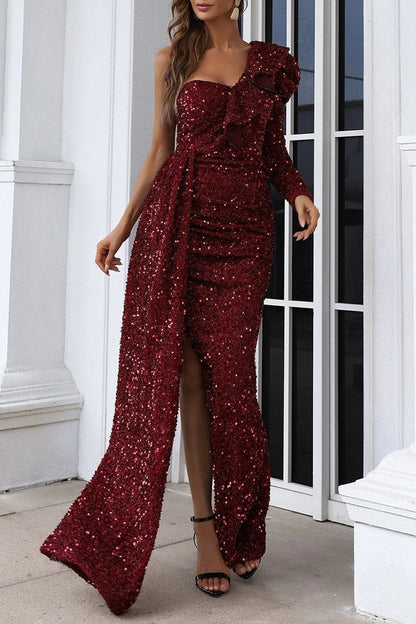 Elegant Formal Solid Sequins Slit Oblique Collar Evening Dress Dresses