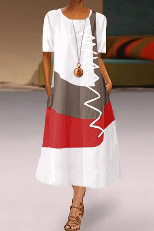 Casual Geometric Print Pocket Contrast O Neck A Line Short Sleeve Dress