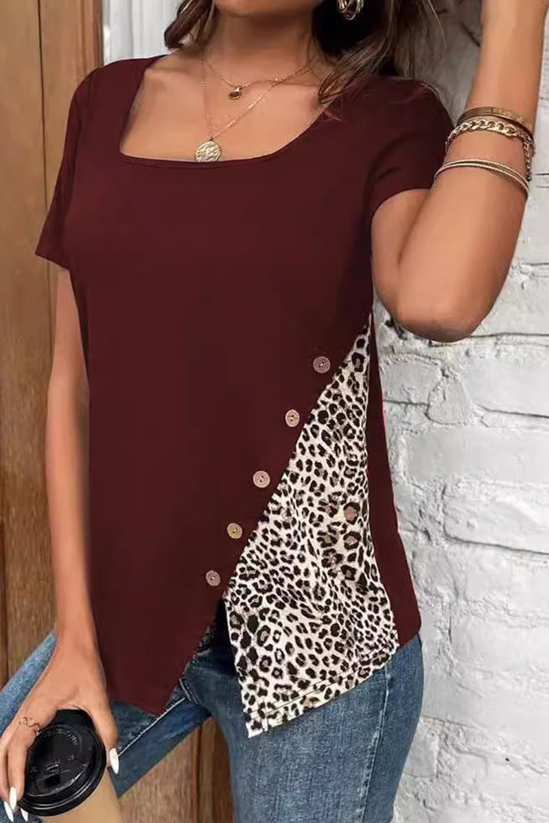 Casual Leopard Patchwork Buttons Square Collar T-Shirts