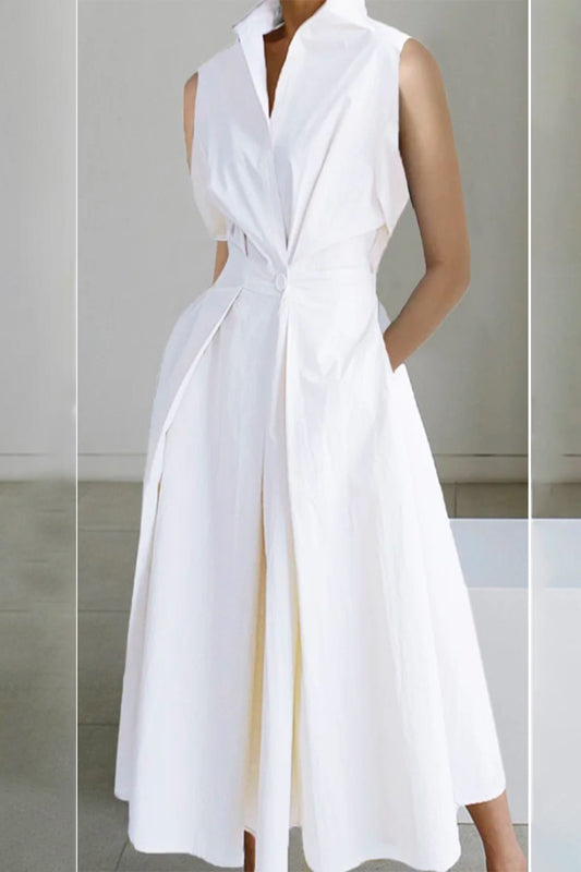 Casual Simplicity Solid Pocket Fold V Neck Shirt Dresses(5 Colors)