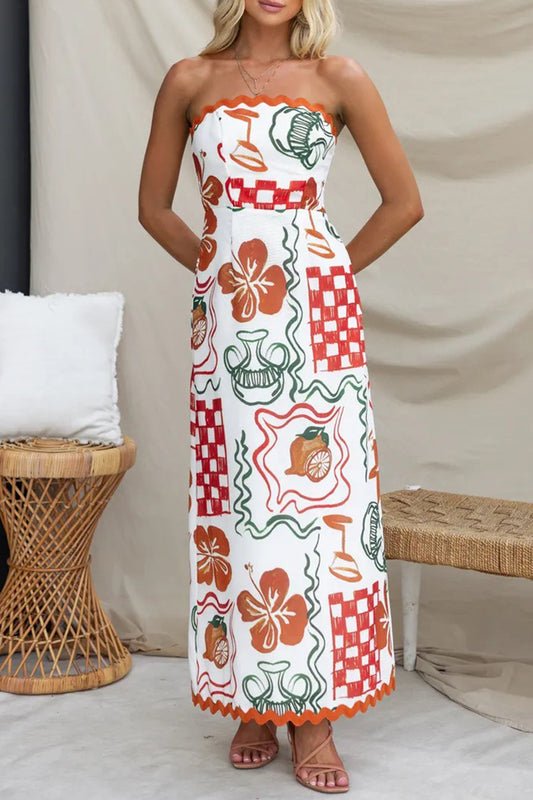 Casual Floral Fold Strapless Printed Dresses