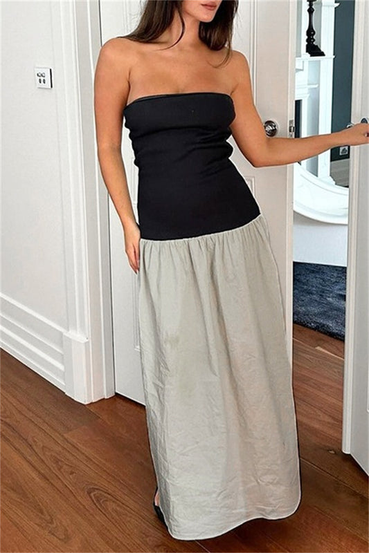 Casual Patchwork Backless Contrast Strapless Long Dresses