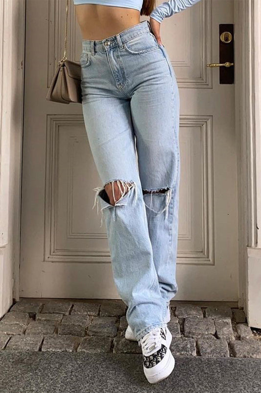 Casual Solid Ripped High Waist Denim Jeans