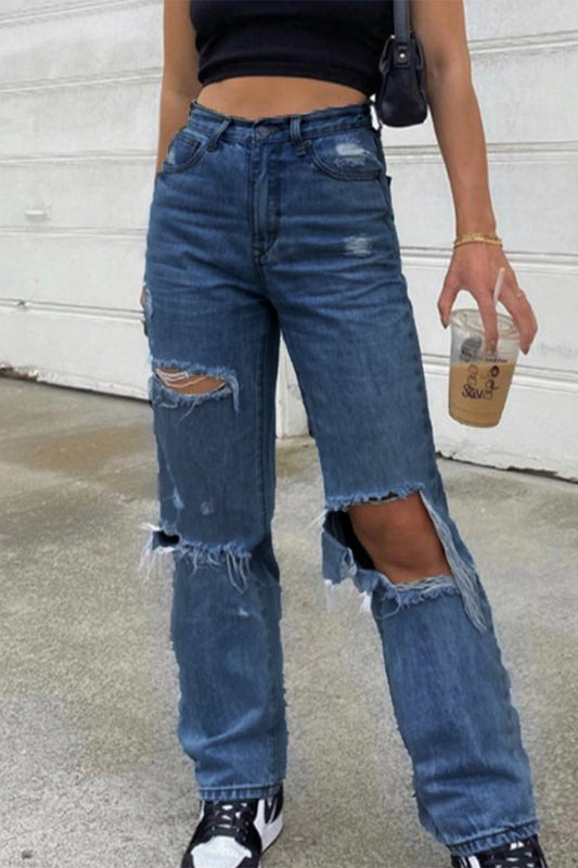Casual Street Solid Ripped High Waist Loose Denim Jeans