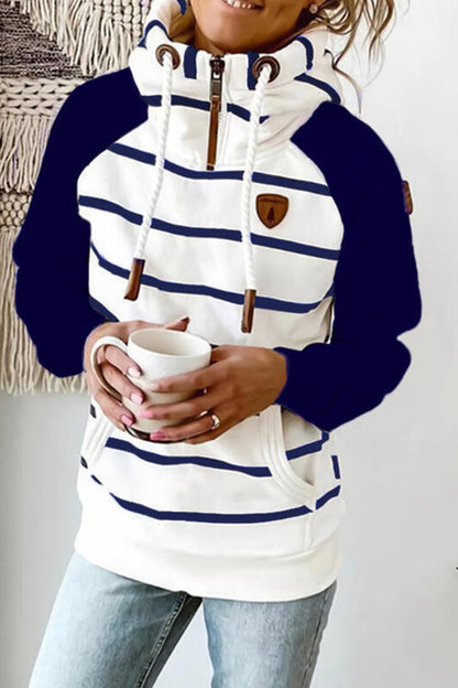 Fashion Casual Striped Patchwork Hooded Collar Tops(3 colors)