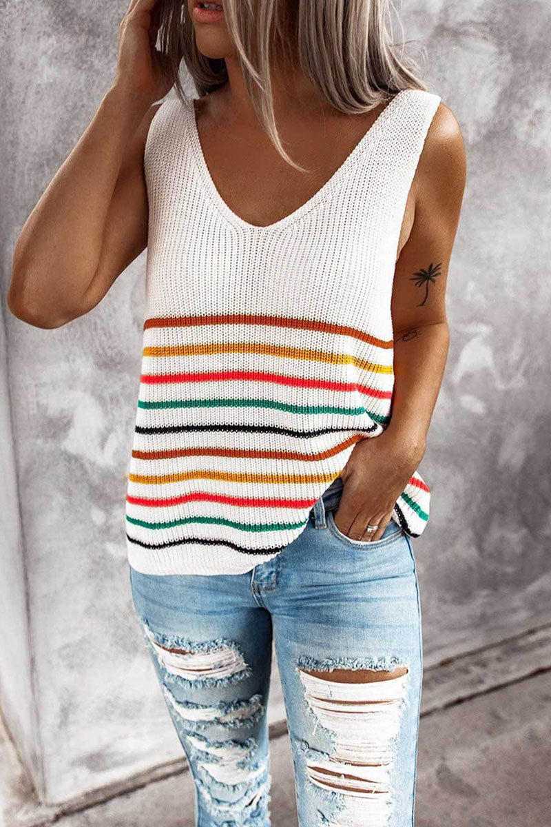 Fashion Casual Striped Patchwork V Neck Tops(4 colors)