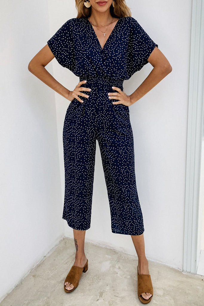Fashion Casual Dot Patchwork V Neck Loose Jumpsuits