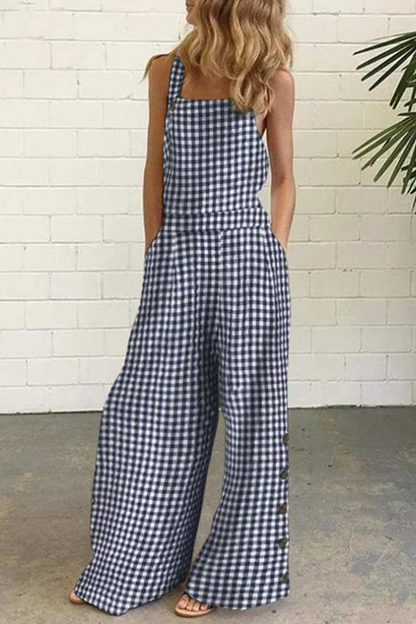Casual Plaid Buttons Square Collar Straight Jumpsuits(4 colors)