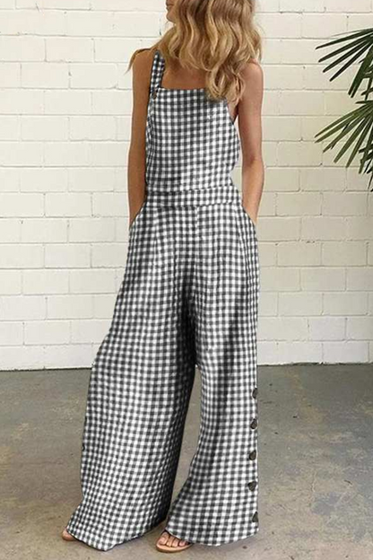 Casual Plaid Buttons Square Collar Straight Jumpsuits(4 colors)