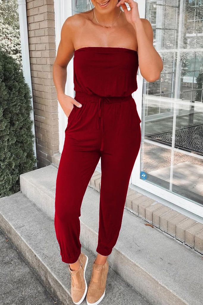 Fashion Street Solid Split Joint Strapless Jumpsuits(3 colors)