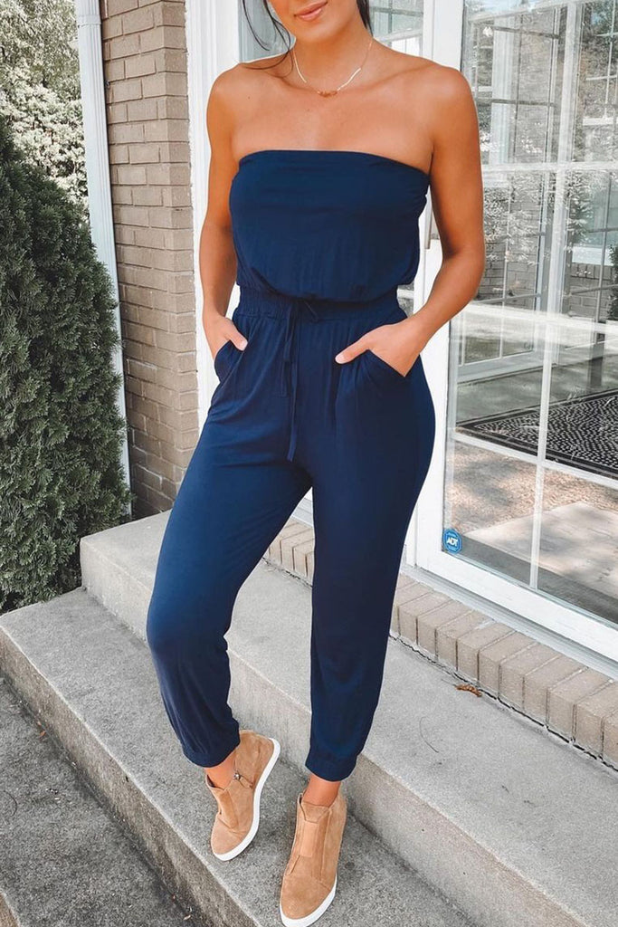 Fashion Street Solid Split Joint Strapless Jumpsuits(3 colors)