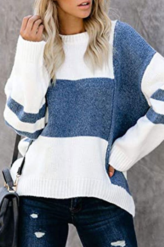 Casual Patchwork Contrast O Neck Tops Sweater(5 Colors)
