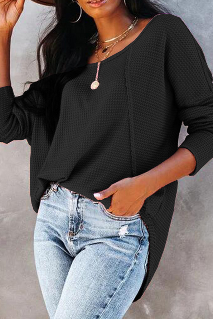 Casual Solid Split Joint Buckle O Neck Tops