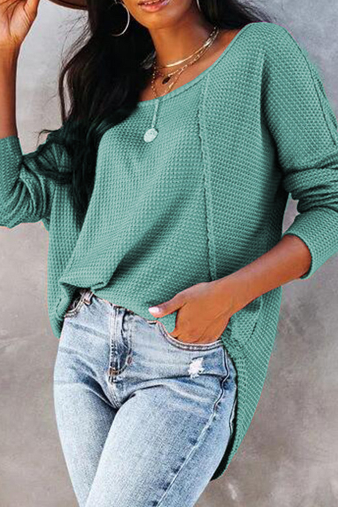 Casual Solid Split Joint Buckle O Neck Tops