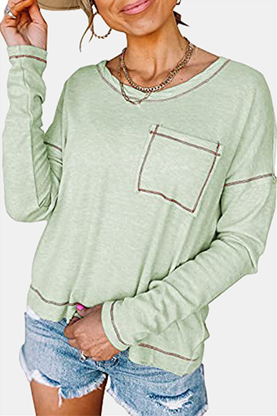 Casual Patchwork Pocket O Neck Tops