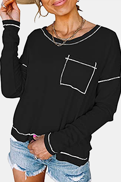 Casual Patchwork Pocket O Neck Tops