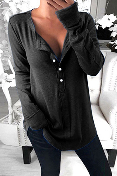 Casual Solid Buckle O Neck Tops(4 Colors)