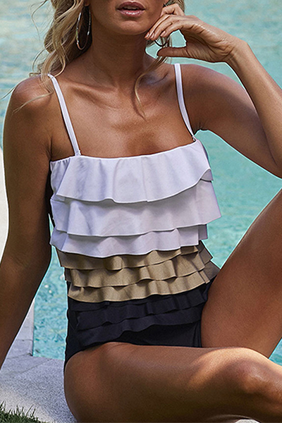 Vacation Patchwork Flounce Contrast Swimwears