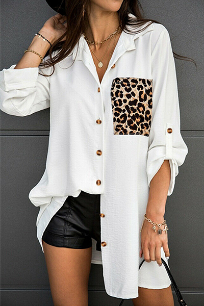 Casual Leopard Patchwork Buckle Turndown Collar Tops(3 colors)