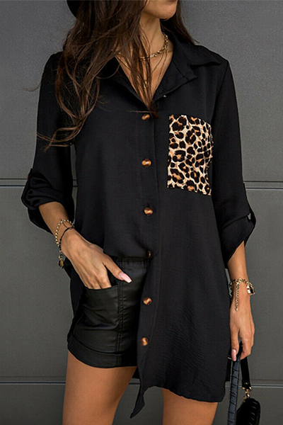 Casual Leopard Patchwork Buckle Turndown Collar Tops(3 colors)