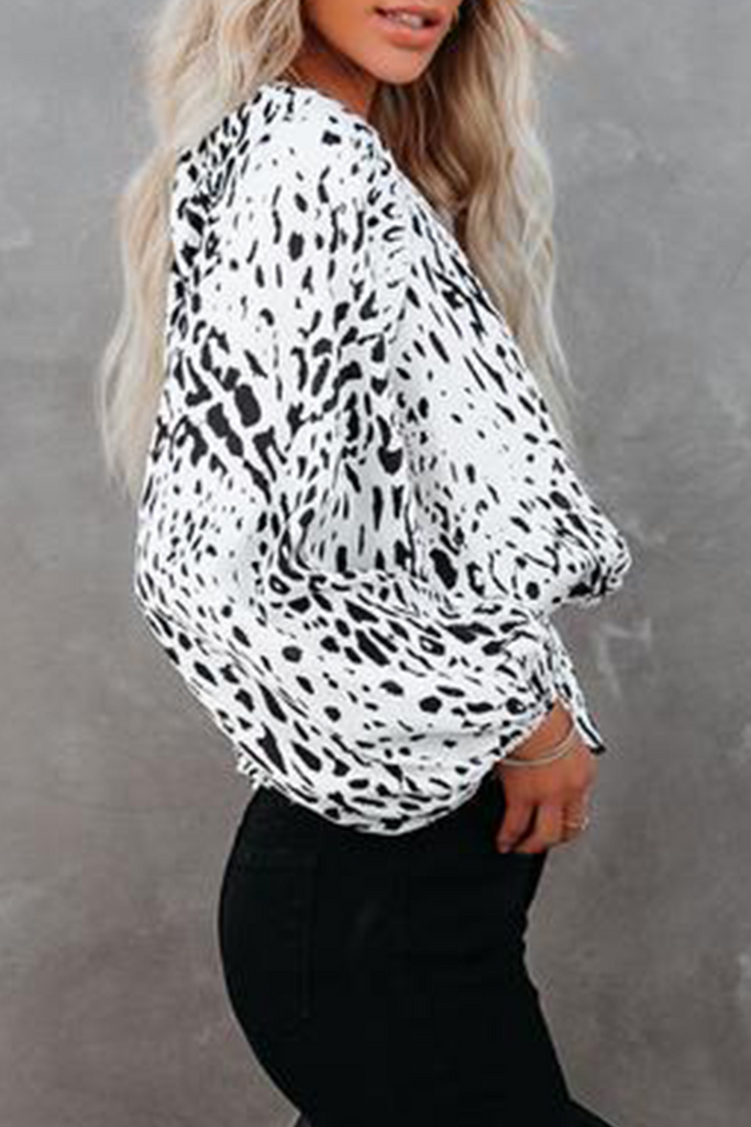 Elegant Leopard Patchwork Fold O Neck Blouses