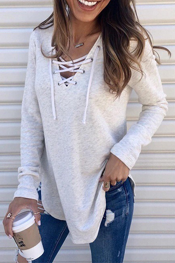 Casual Solid Patchwork Cross Straps V Neck Tops