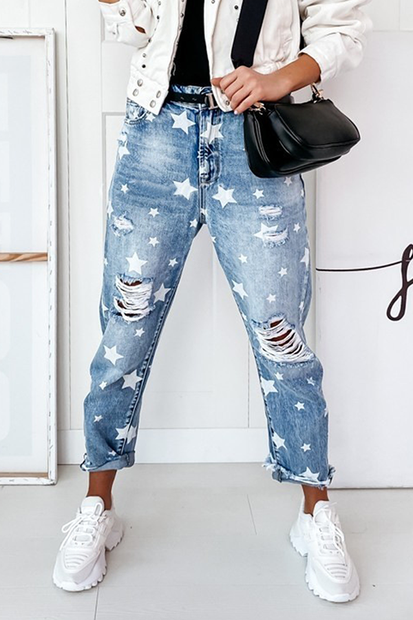 Casual The stars Tassel Ripped Make Old Full Print Bottoms