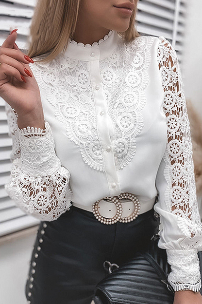 Elegant Solid Lace Hollowed Out Buckle Mandarin Collar Tops(4 Colors)