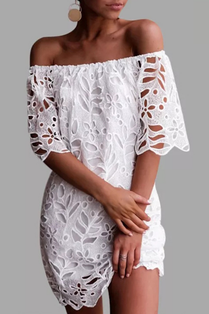 Elegant Solid Lace Hollowed Out Off the Shoulder Dresses