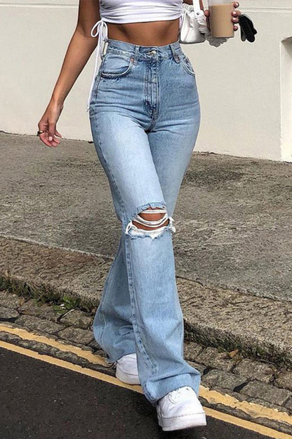 Fashion Casual Solid Ripped High Waist Straight Jeans(3 Colors)