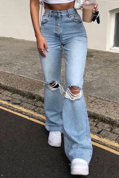 Fashion Casual Solid Ripped High Waist Straight Jeans(3 Colors)