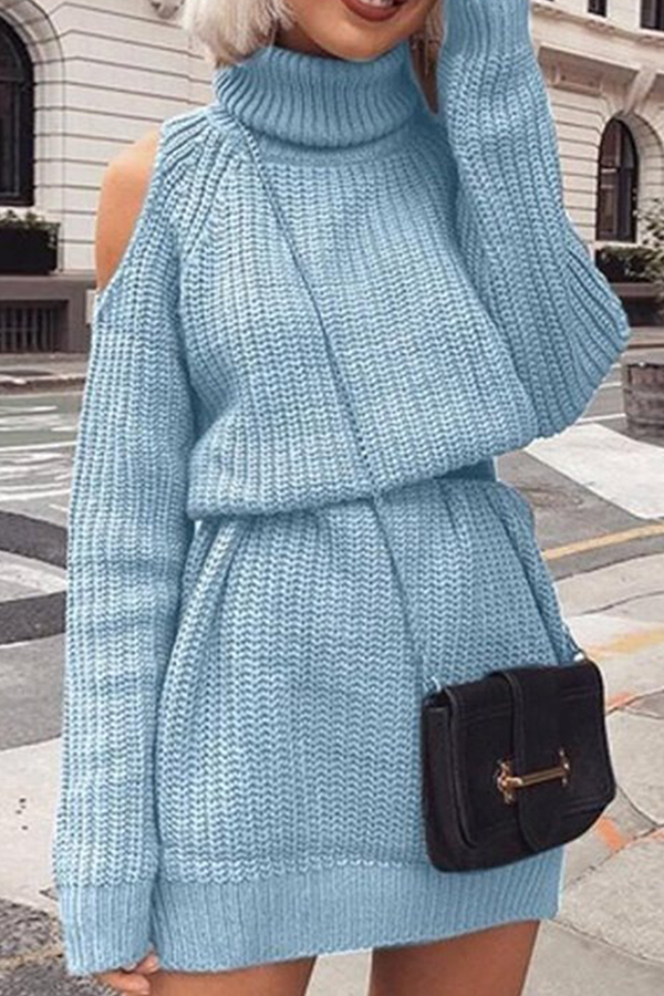 Casual Solid Hollowed Out Split Joint Turtleneck Straight Dresses (Without Belt)