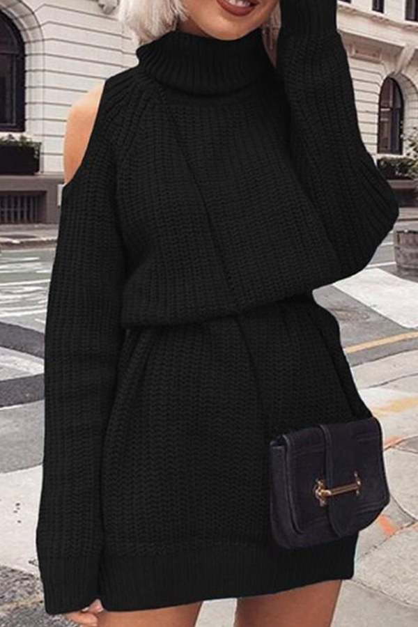 Casual Solid Hollowed Out Split Joint Turtleneck Straight Dresses (Without Belt)