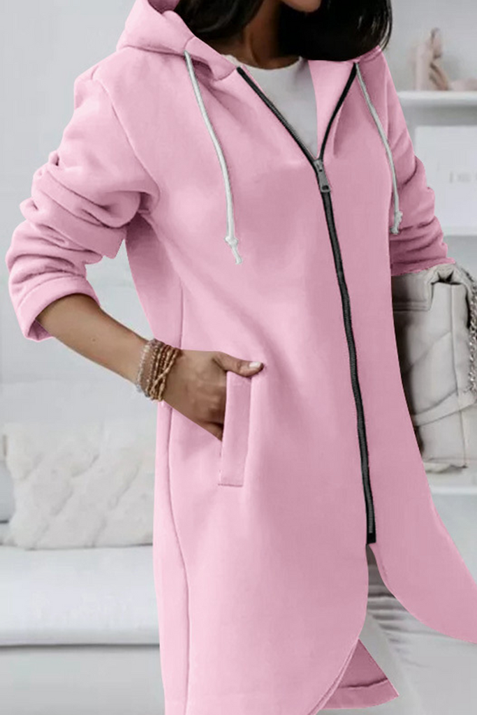 Casual Solid Draw String Zipper Hooded Collar Outerwear(8 colors)