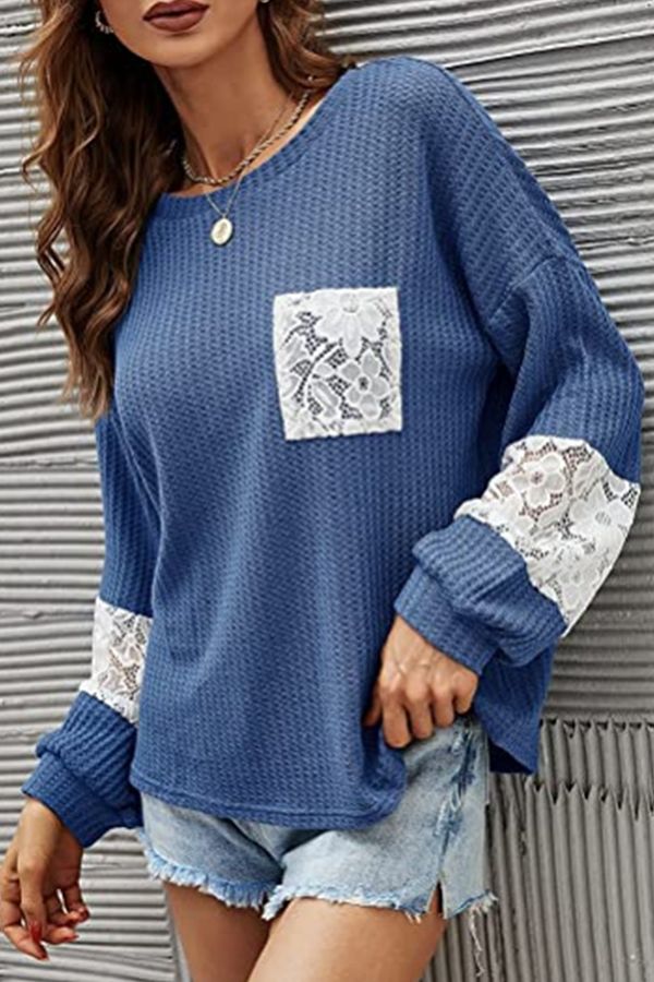 Casual Patchwork Lace Split Joint O Neck Tops