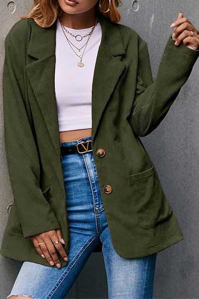 Casual Solid Pocket Buckle Turn-back Collar Outerwear