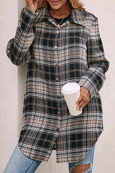 Casual Plaid Patchwork Buckle Turndown Collar Outerwear
